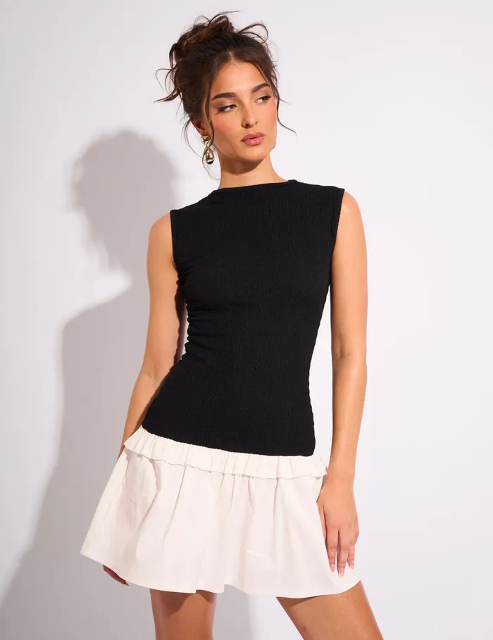 Women Dropped Waist Contrast Bubble Hem Mini Dress Black White White Public Desire Occasion