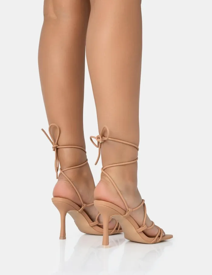 Women Duet Nude Knot Strappy Lace Up Square Toe Mid Heels Neutral Public Desire Wedding