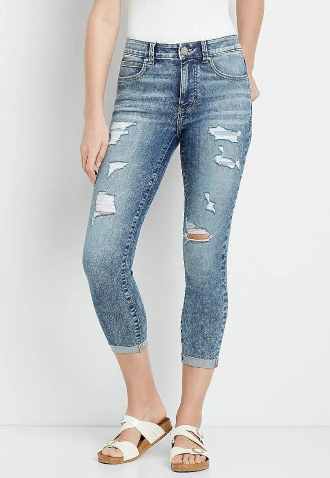 Women Everflex High Rise Light Ripped Cropped Jean Maurices Bottoms