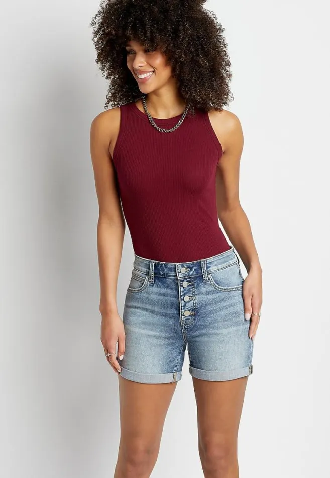 Women Everflex High Rise Medium Wash Button Fly 5In Short Maurices Bottoms