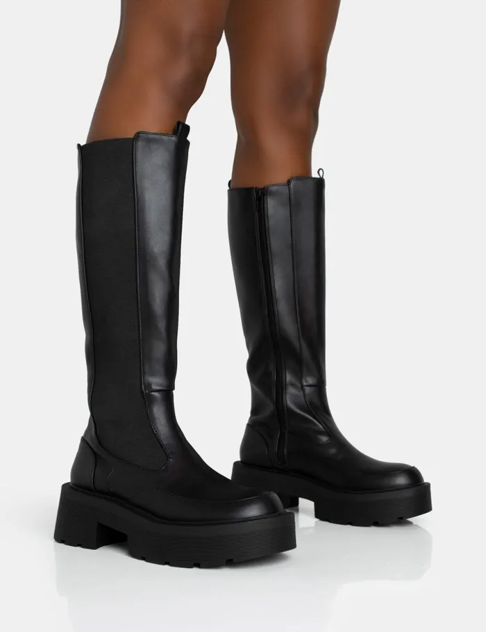 Women Evergreen Black Pu Knee High Elasticated Detail Chunky Heeled Sole Boots Black Public Desire Long Boots Women Evergreen Black Pu Knee High Elasticated Detail Chunky Heeled Sole Boots Black Public Desire Long Boots