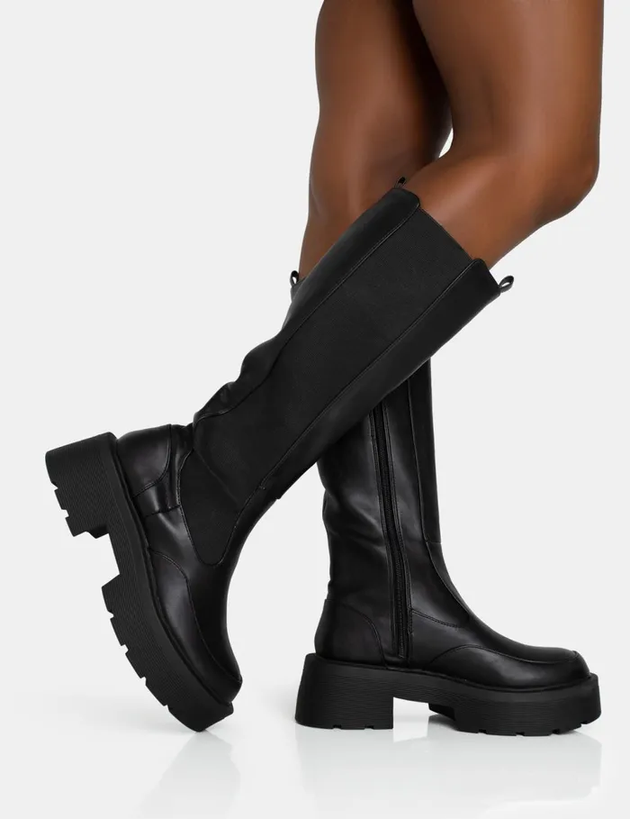 Women Evergreen Black Pu Knee High Elasticated Detail Chunky Heeled Sole Boots Black Public Desire Long Boots Women Evergreen Black Pu Knee High Elasticated Detail Chunky Heeled Sole Boots Black Public Desire Long Boots