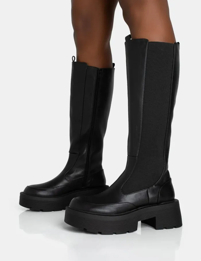 Women Evergreen Black Pu Knee High Elasticated Detail Chunky Heeled Sole Boots Black Public Desire Long Boots Women Evergreen Black Pu Knee High Elasticated Detail Chunky Heeled Sole Boots Black Public Desire Long Boots