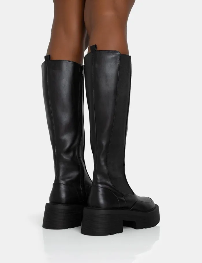 Women Evergreen Black Pu Knee High Elasticated Detail Chunky Heeled Sole Boots Black Public Desire Long Boots Women Evergreen Black Pu Knee High Elasticated Detail Chunky Heeled Sole Boots Black Public Desire Long Boots