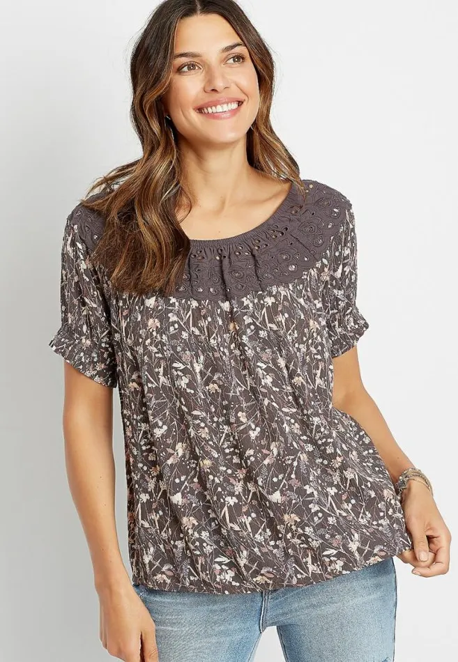 Women Eyelet Floral Short Sleeve Top Maurices Tops