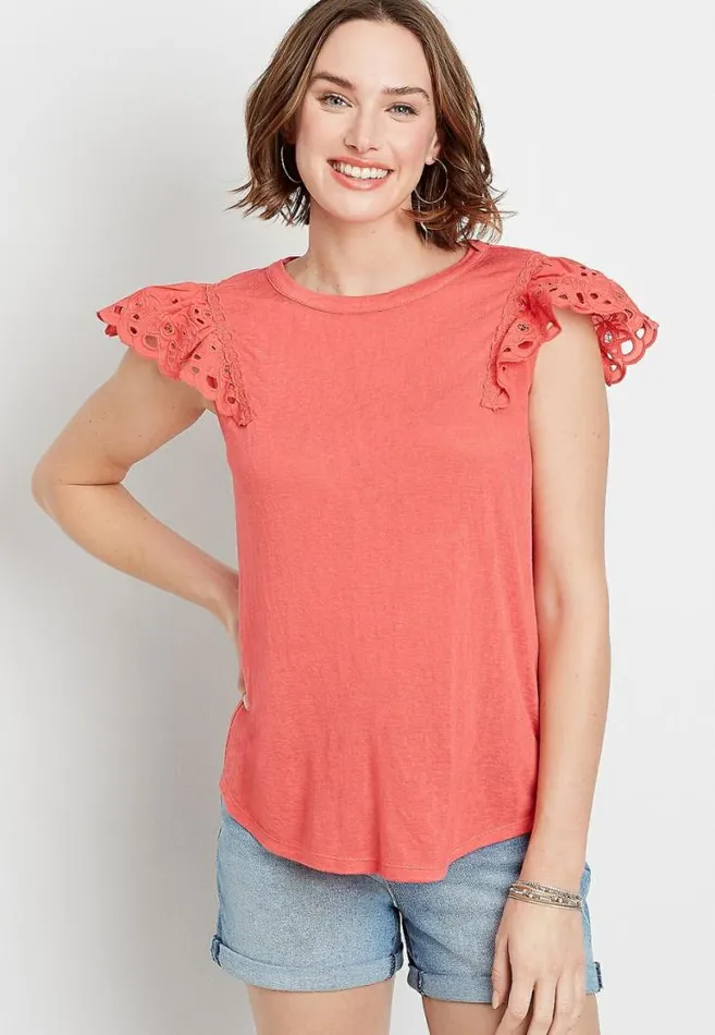 Women Eyelet Solid Flutter Short Sleeve Top Maurices Tops