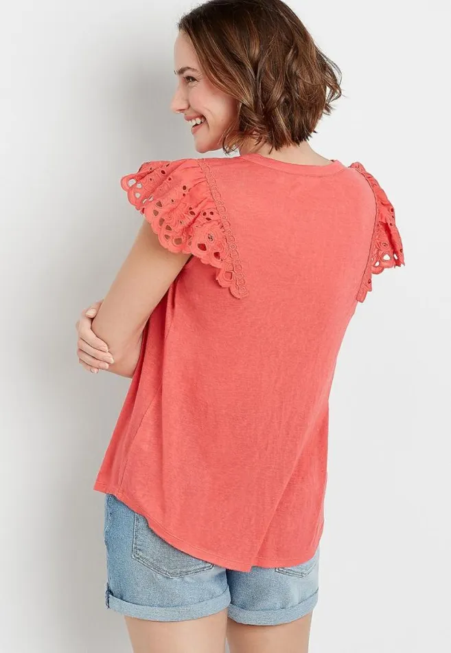 Women Eyelet Solid Flutter Short Sleeve Top Maurices Tops