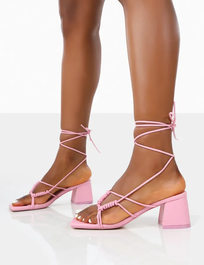 Women Fanatic Baby Lace Up Block Heeled Sandals Pink Public Desire Under 3034 Heels