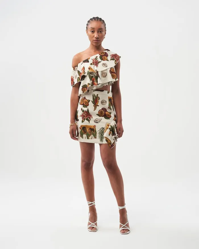 Women Filling Pieces Pants and Shorts Ruffle Skirt Parrot Print White