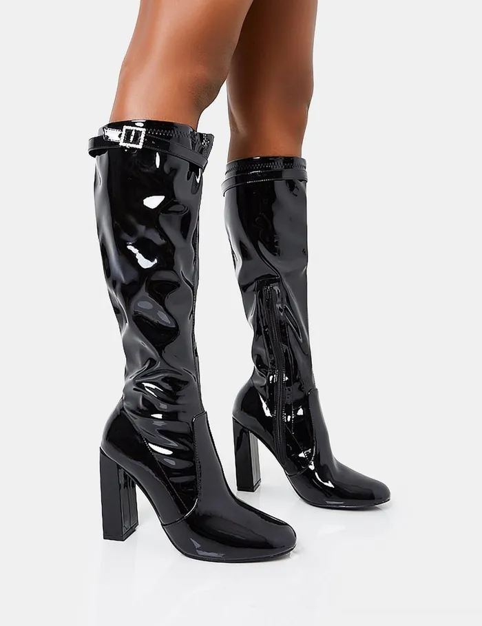 Women First Class Black Patent Diamante Buckle Strap Detail Rounded Toe Knee High Block Heeled Boots Black Public Desire Party Women First Class Black Patent Diamante Buckle Strap Detail Rounded Toe Knee High Block Heeled Boots Black Public Desire Party
