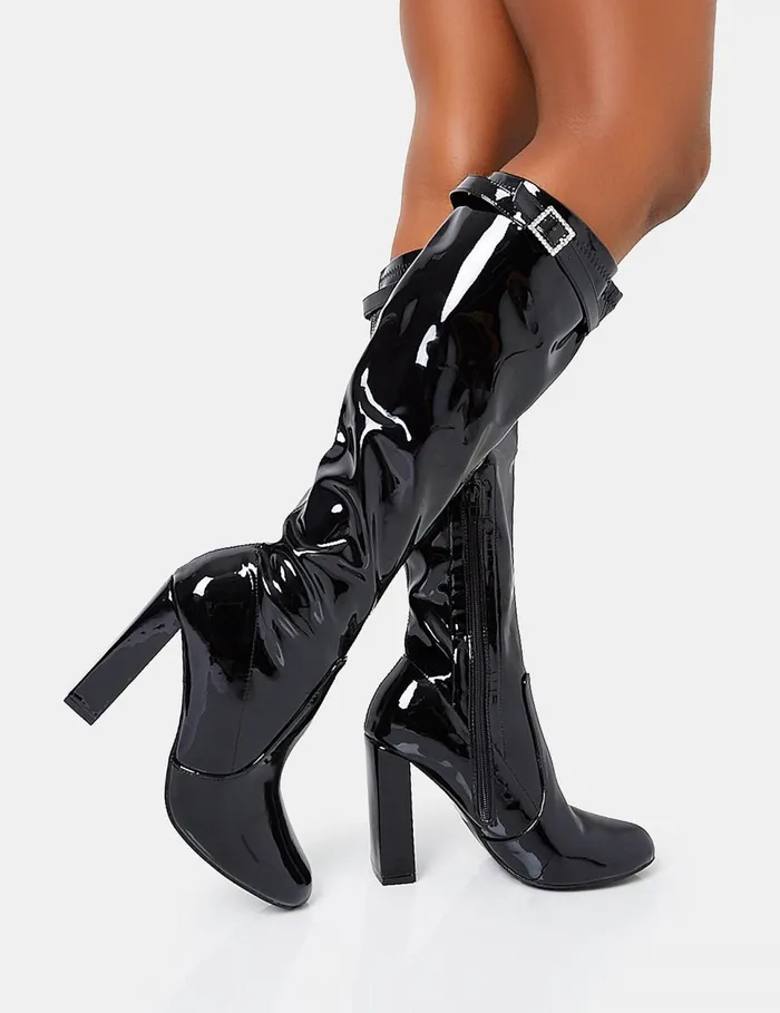 Women First Class Black Patent Diamante Buckle Strap Detail Rounded Toe Knee High Block Heeled Boots Black Public Desire Party