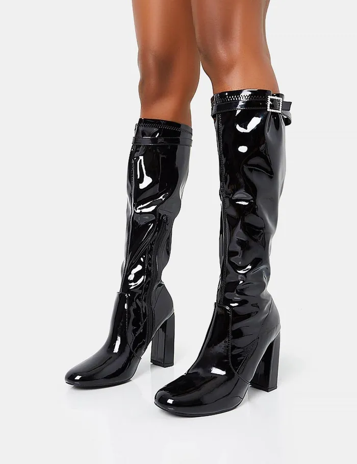 Women First Class Black Patent Diamante Buckle Strap Detail Rounded Toe Knee High Block Heeled Boots Black Public Desire Party