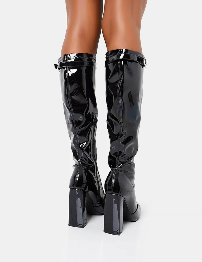 Women First Class Black Patent Diamante Buckle Strap Detail Rounded Toe Knee High Block Heeled Boots Black Public Desire Party