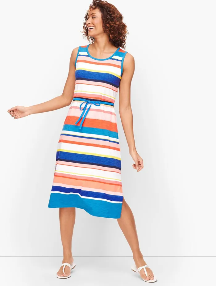 Women Fit And Flare Talbots Belted Stripe Midi Dress Pacific Blue