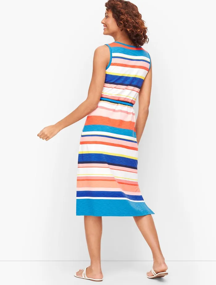 Women Fit And Flare Talbots Belted Stripe Midi Dress Pacific Blue