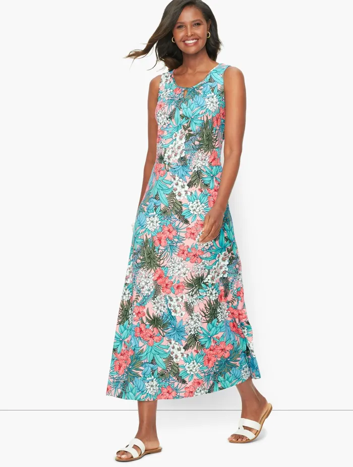 Women Fit And Flare Talbots Floral Jungle Jersey Maxi Dress Scallop Pink Multi