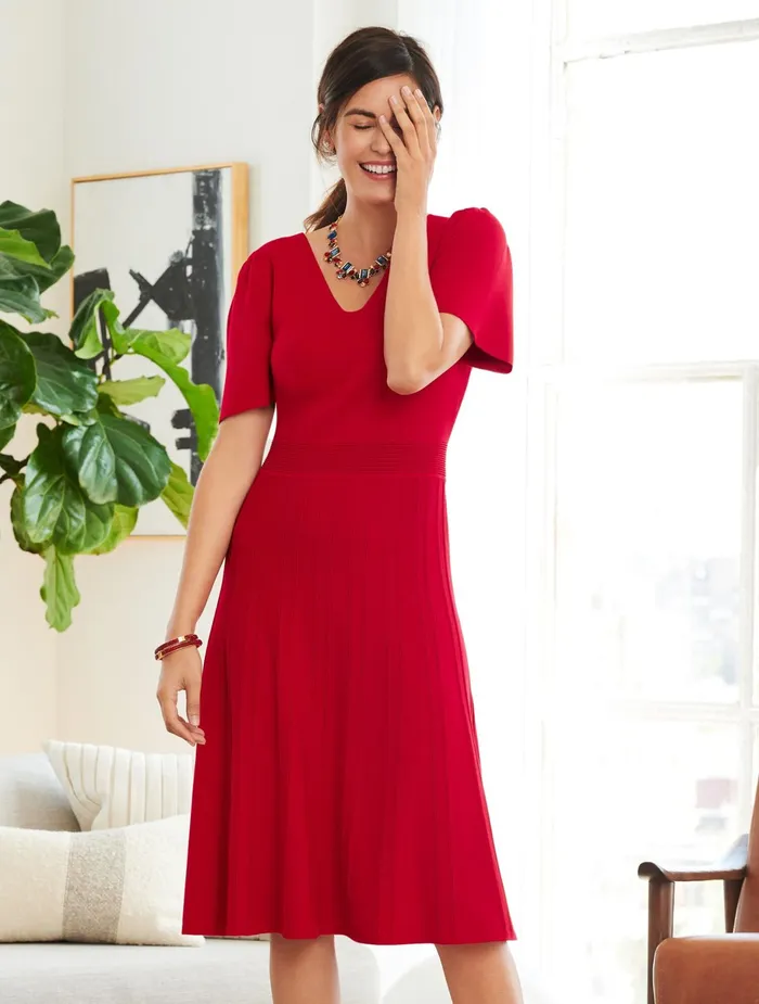 Women Fit And Flare Talbots Flutter Sleeve Fit and Flare Dress Red Pop