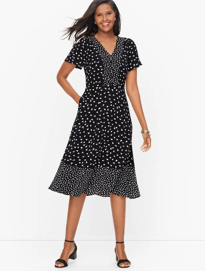 Women Fit And Flare Talbots Flutter Sleeve Midi Dress Blackwhite