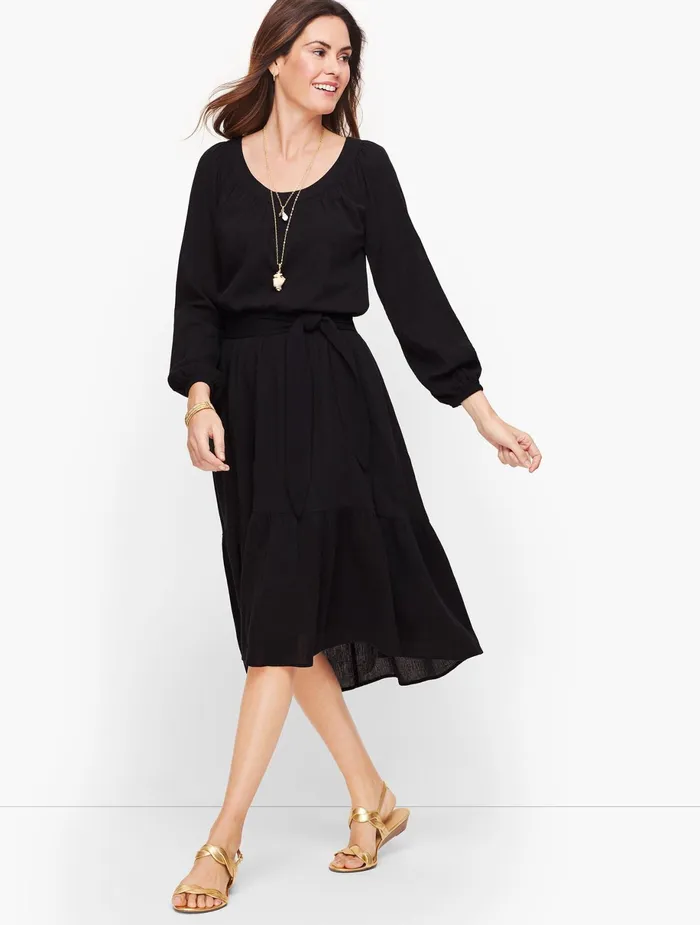 Women Fit And Flare Talbots Gauze Flounce Hem Midi Dress Black