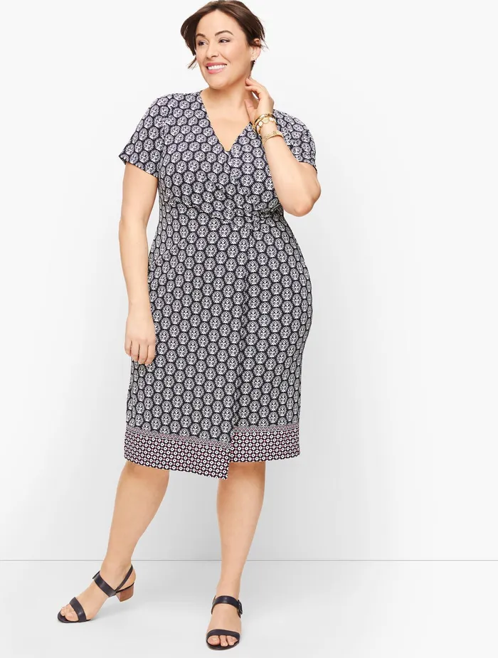 Women Fit And Flare Talbots Knit Jersey Faux Wrap Dress Indigo Blue