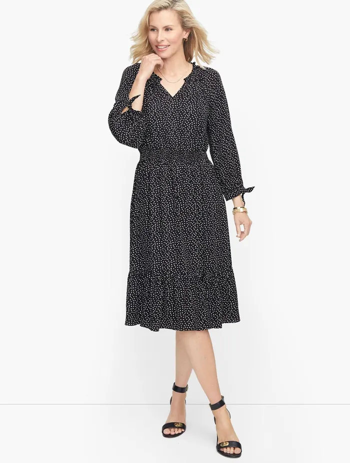Women Fit And Flare Talbots Split Neck Soft Dress Ivory Multi
