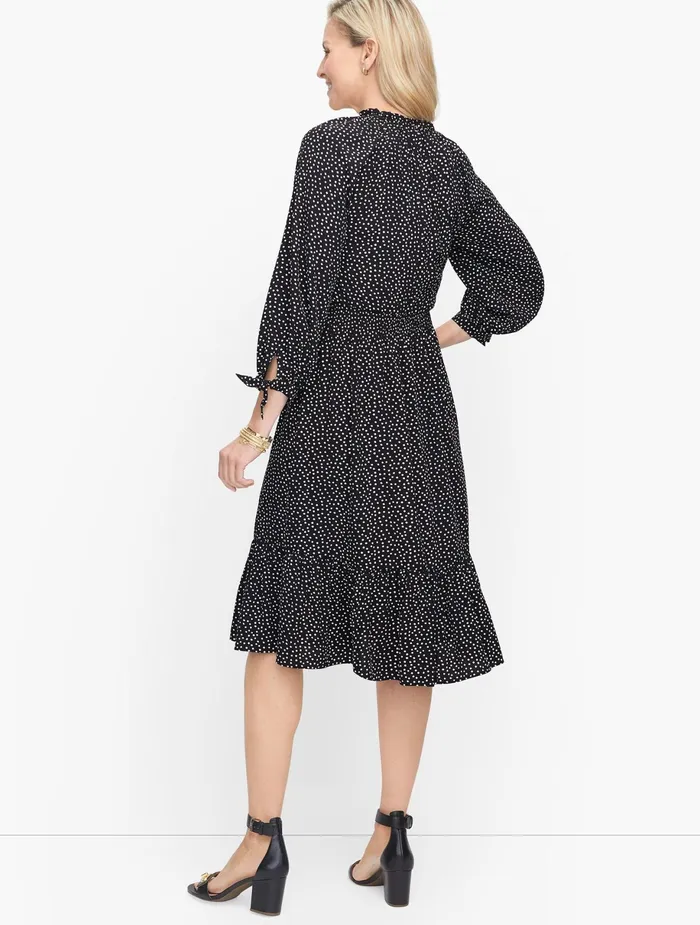 Women Fit And Flare Talbots Split Neck Soft Dress Ivory Multi