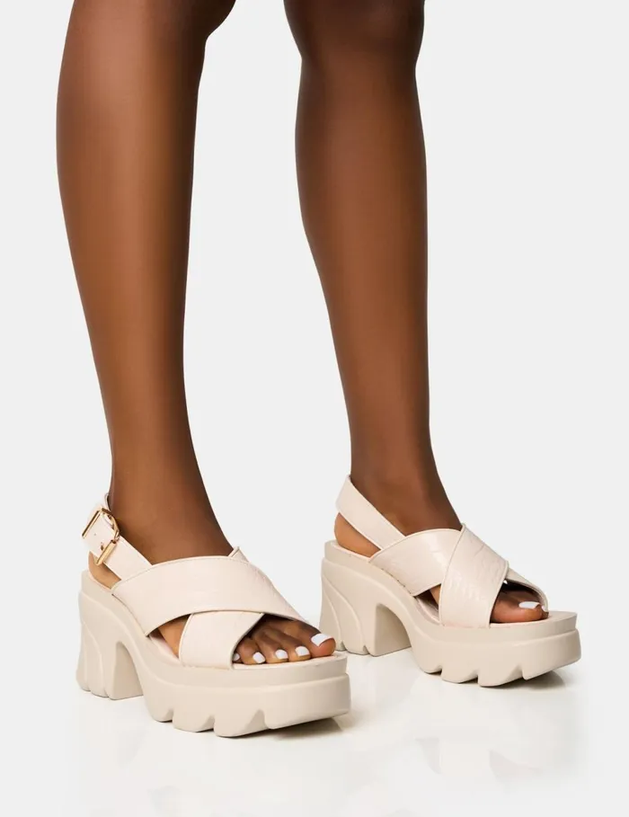 Women Flare White Cross Strap Chunky Mid Heel Sandals White Public Desire Holiday Women Flare White Cross Strap Chunky Mid Heel Sandals White Public Desire Holiday