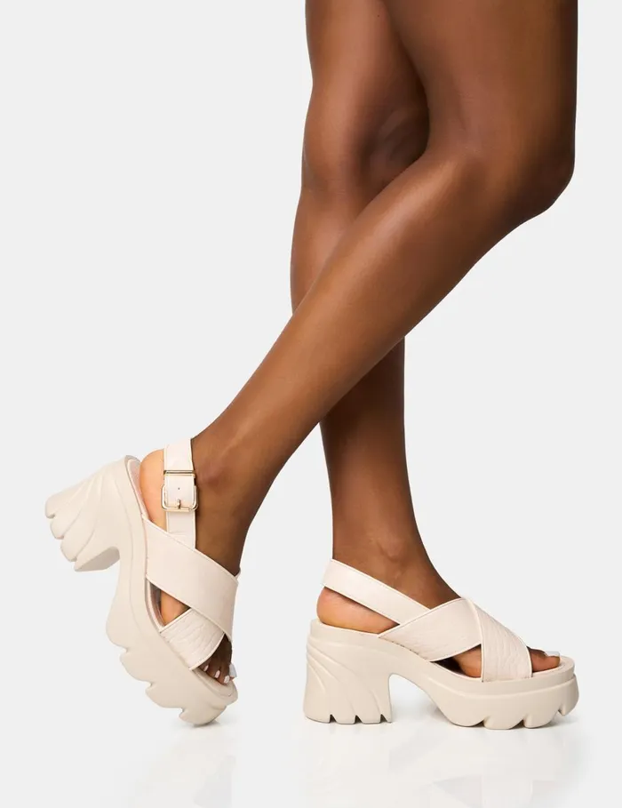 Women Flare White Cross Strap Chunky Mid Heel Sandals White Public Desire Holiday