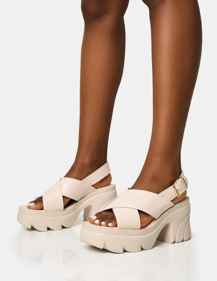 Women Flare White Cross Strap Chunky Mid Heel Sandals White Public Desire Holiday