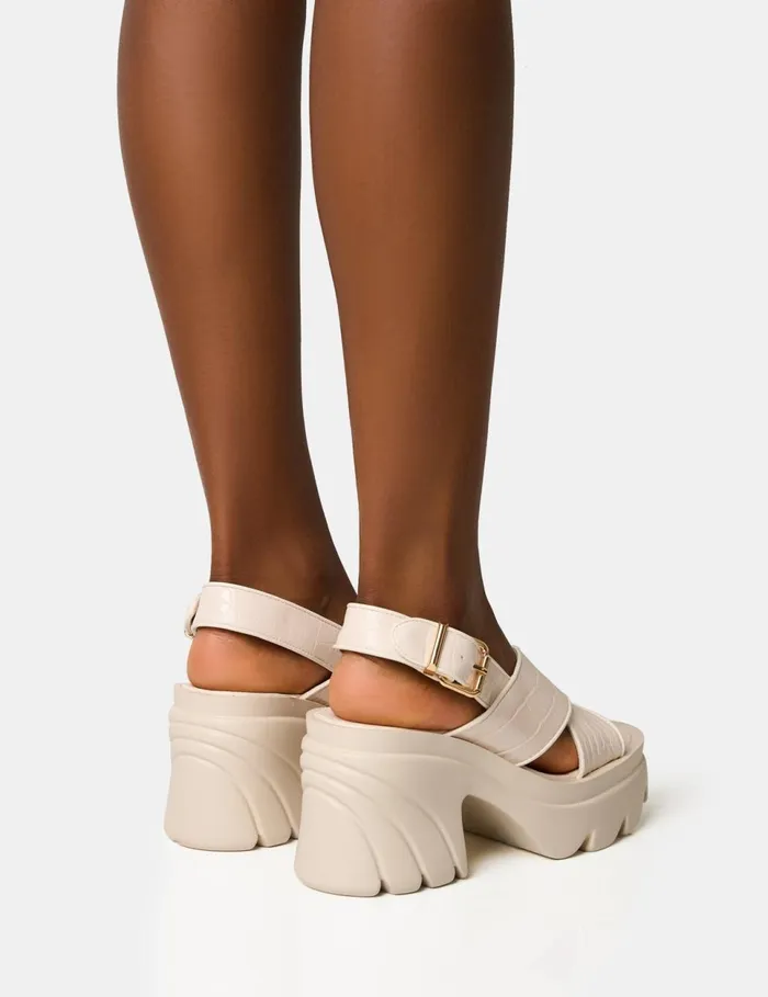 Women Flare White Cross Strap Chunky Mid Heel Sandals White Public Desire Holiday