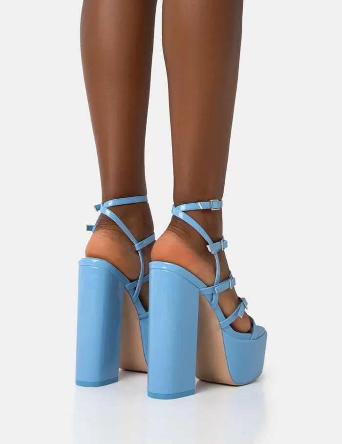 Women Flawless Blue Strap Platform Block Heels Blue Public Desire Races