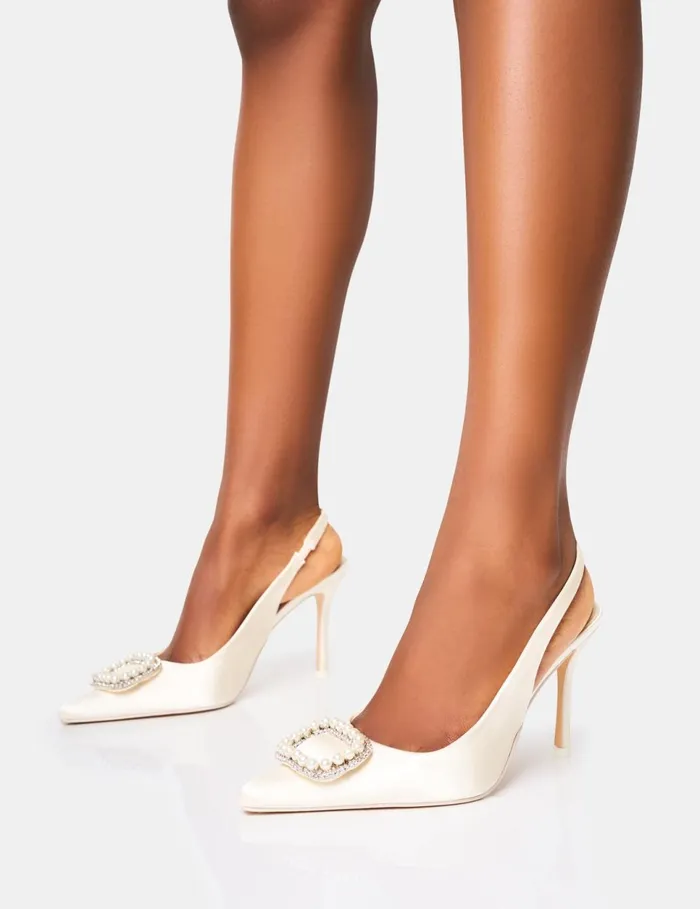 Women Flora Cream Pearl Encrusted Slingback Court Heels Cream Public Desire Wedding