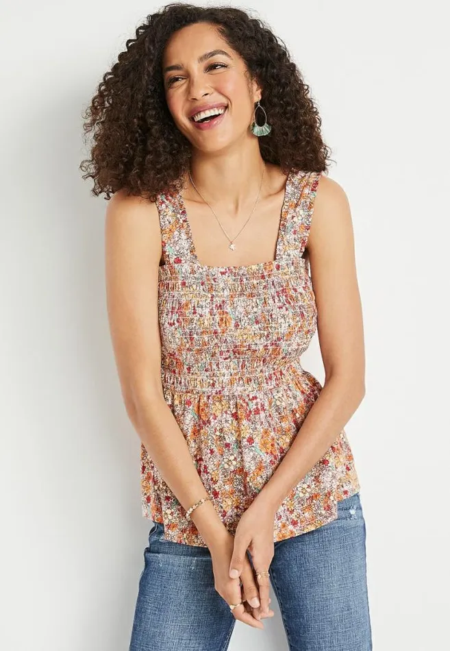Women Floral Smocked Babydoll Tank Top Maurices Tops