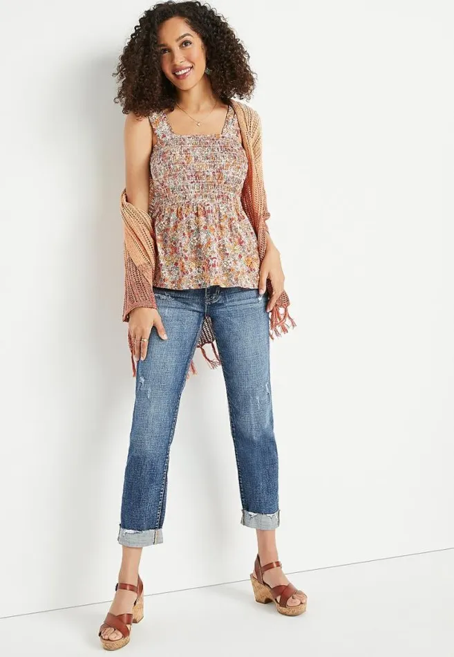 Women Floral Smocked Babydoll Tank Top Maurices Tops