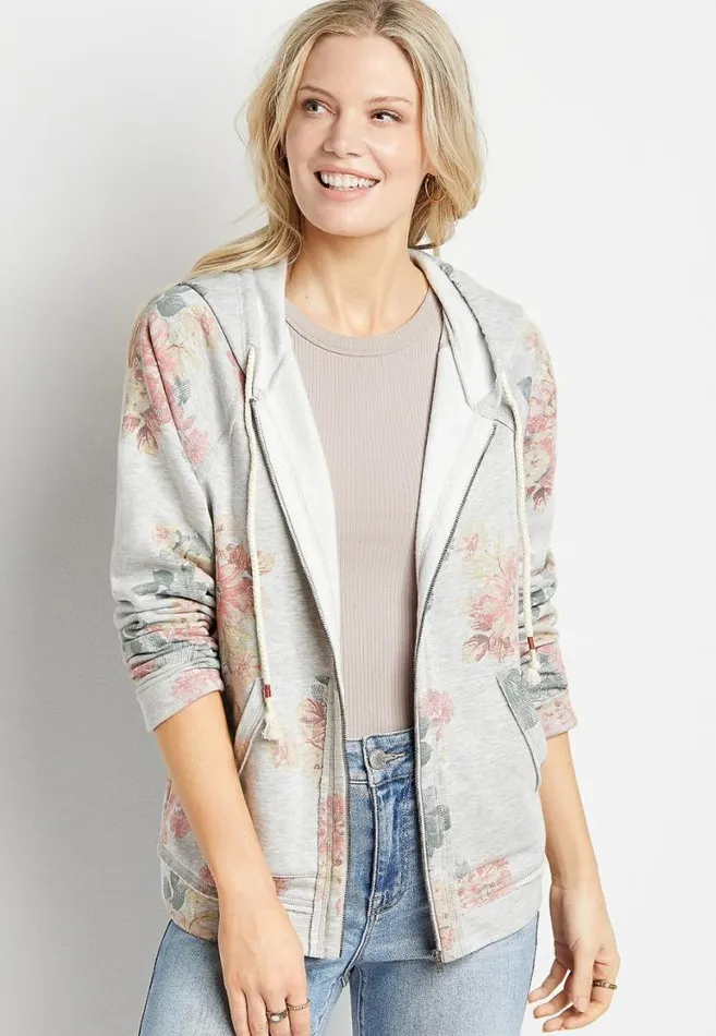Women Floral Zip Up Hoodie Maurices Tops