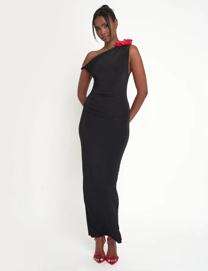 Women Flower Trim Dropped Shoulder Luxe Slinky Maxi Dress Black Black Public Desire Dresses Women Flower Trim Dropped Shoulder Luxe Slinky Maxi Dress Black Black Public Desire Dresses