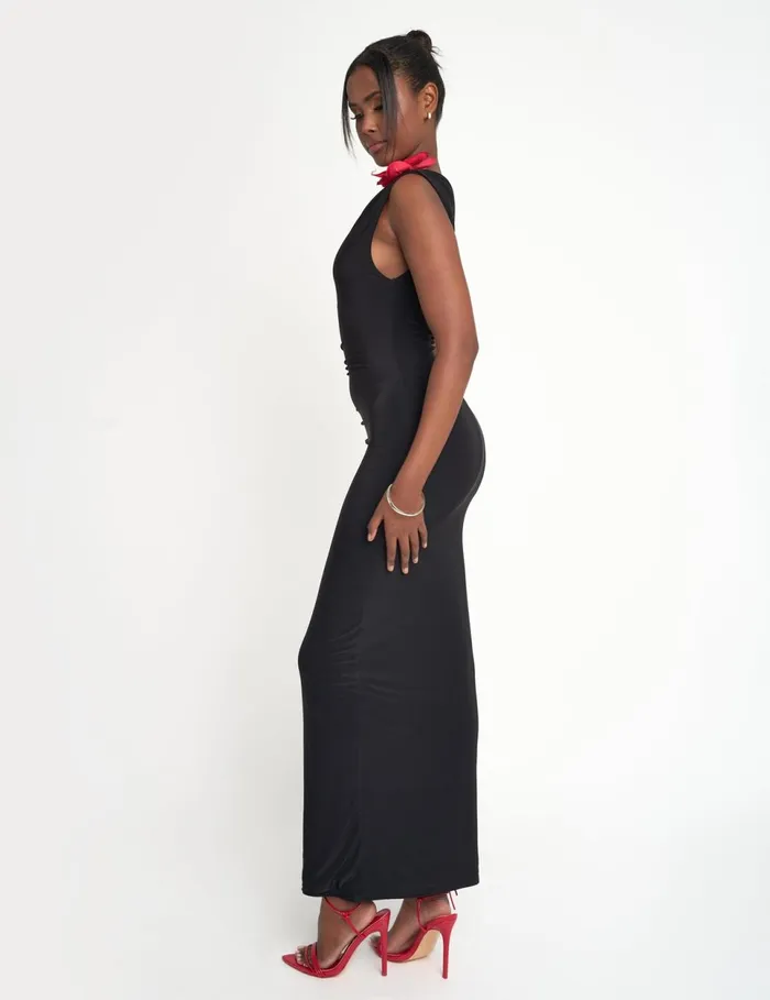 Women Flower Trim Dropped Shoulder Luxe Slinky Maxi Dress Black Black Public Desire Dresses