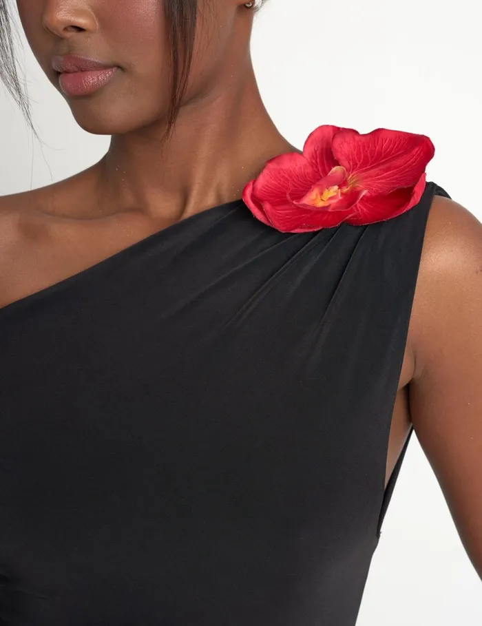 Women Flower Trim Dropped Shoulder Luxe Slinky Maxi Dress Black Black Public Desire Dresses