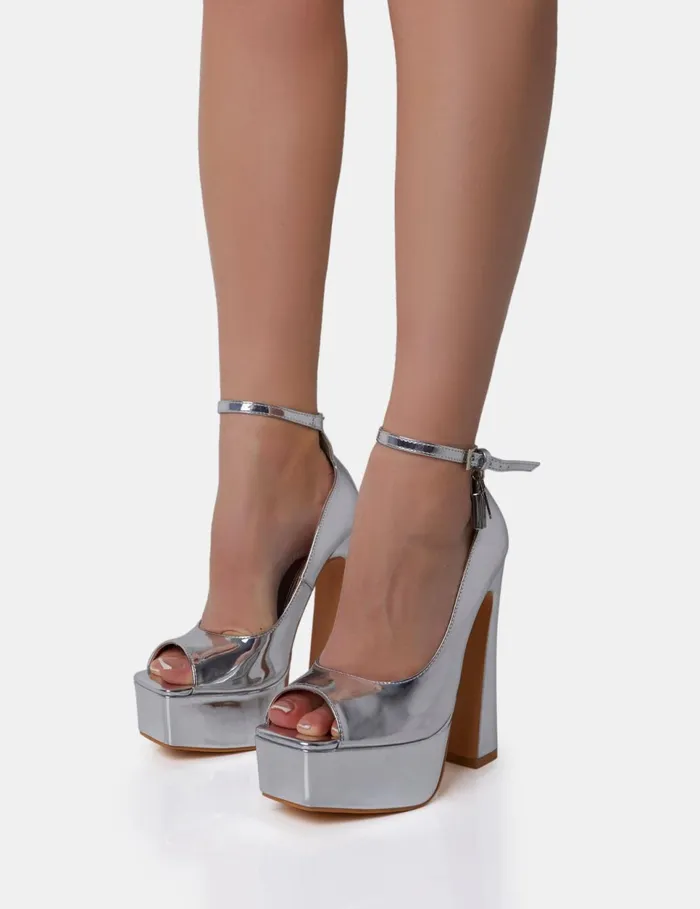Women Formation Silver Mirror Padlock Detail Chunky Square Peep Toe Platform Heels Silver Public Desire Occasion