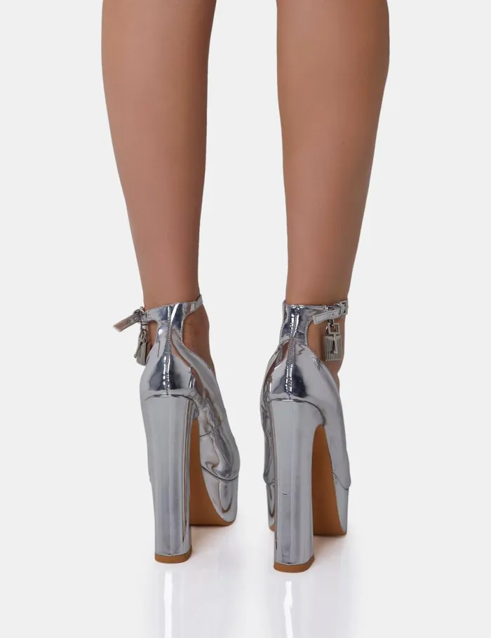 Women Formation Silver Mirror Padlock Detail Chunky Square Peep Toe Platform Heels Silver Public Desire Occasion