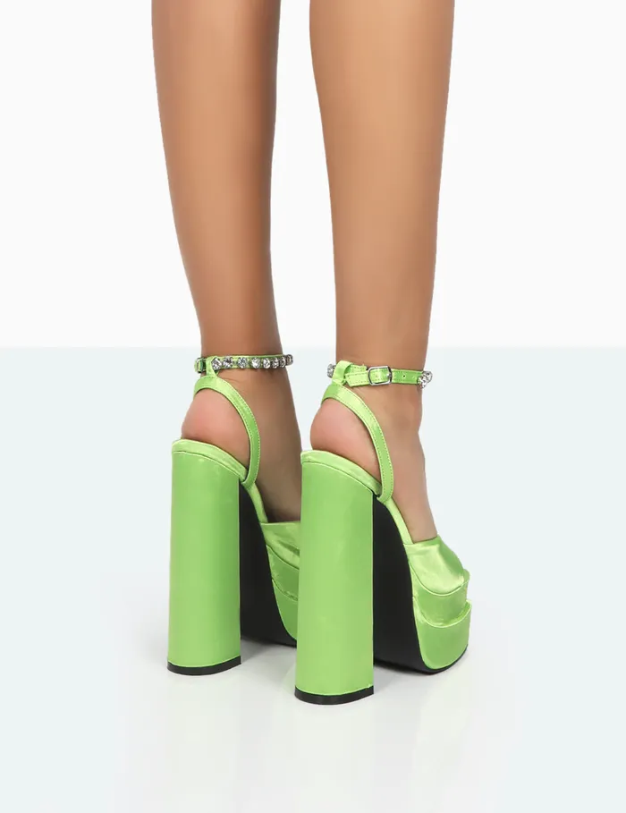 Women Frozen Lime Satin Diamante Strap Open Toe Block Platform Heels Green Public Desire Occasion
