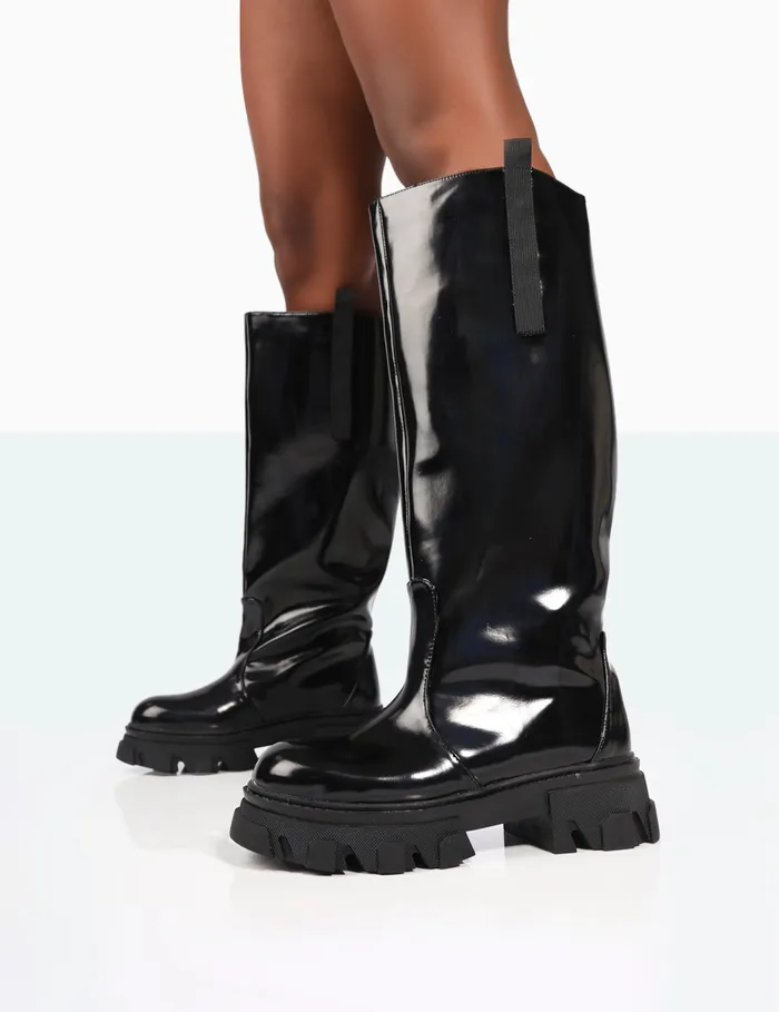 Women Genius Wide Fit Knee High Chunky Sole Boots Black Public Desire Long Boots