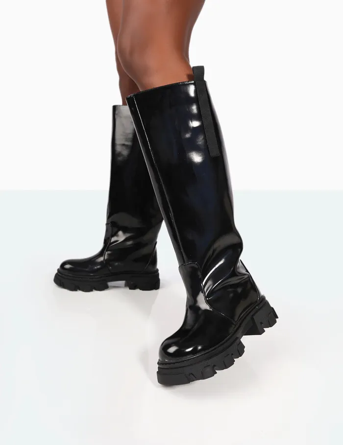 Women Genius Wide Fit Knee High Chunky Sole Boots Black Public Desire Long Boots
