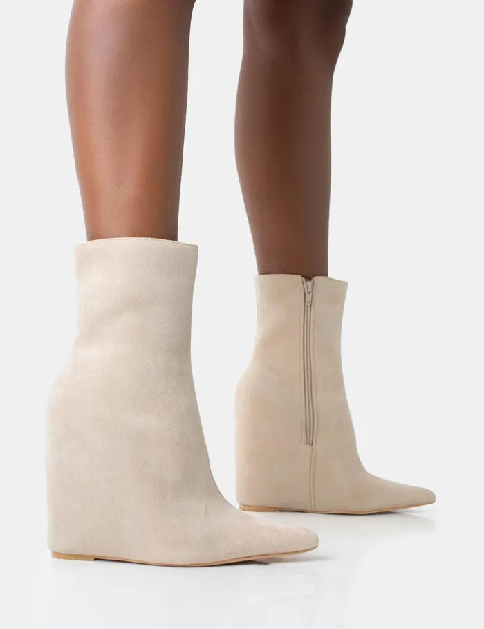 Women Getaway Beige Faux Suede Wedged Heeled Ankle Boot Neutral Public Desire Ankle Boots Women Getaway Beige Faux Suede Wedged Heeled Ankle Boot Neutral Public Desire Ankle Boots