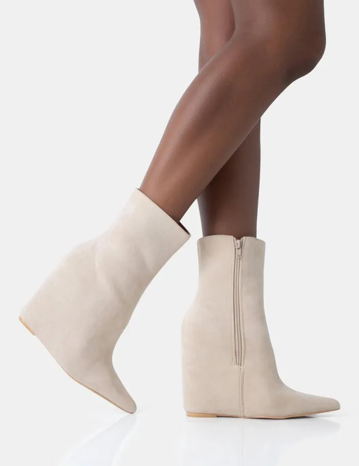 Women Getaway Beige Faux Suede Wedged Heeled Ankle Boot Neutral Public Desire Ankle Boots