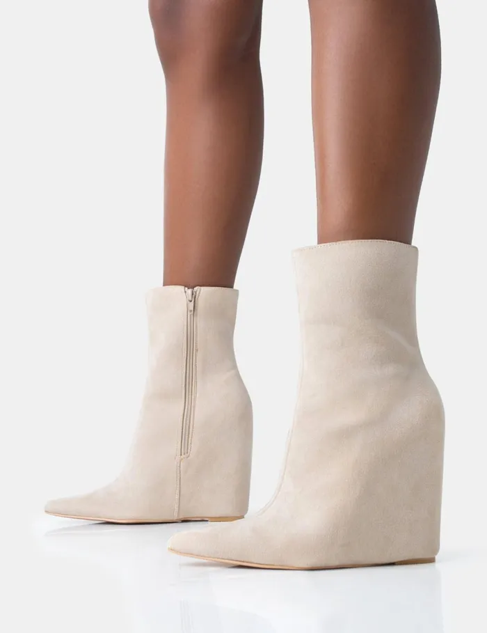 Women Getaway Beige Faux Suede Wedged Heeled Ankle Boot Neutral Public Desire Ankle Boots
