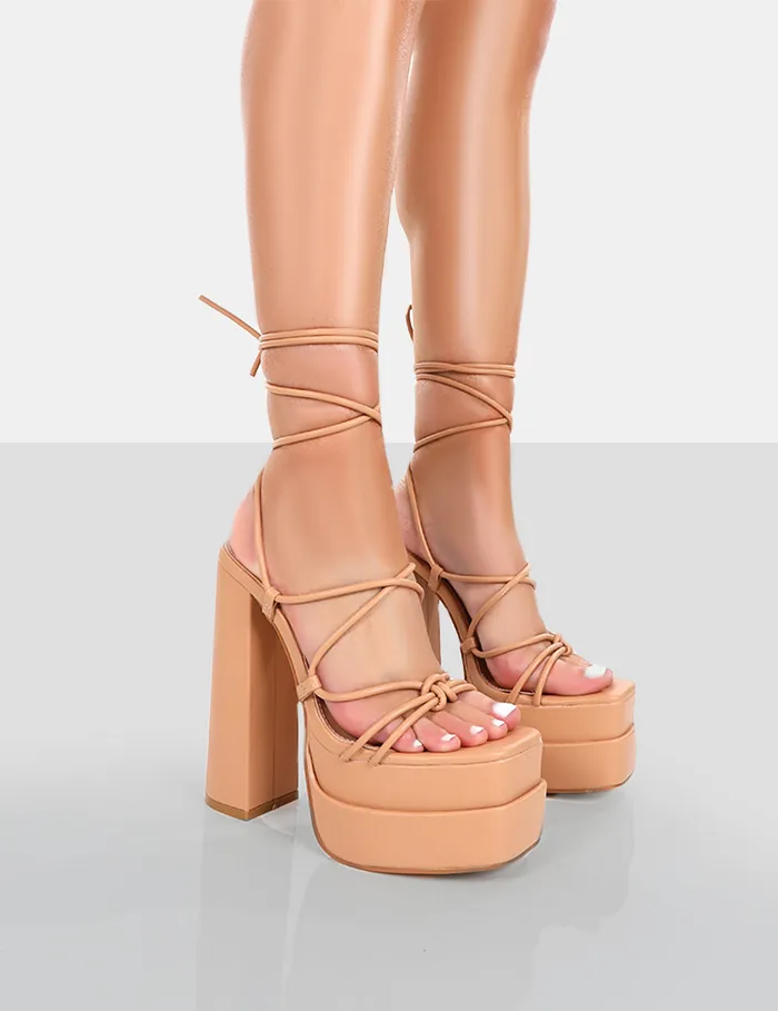 Women Glow Girl Nude Lace Up Platform High Heels Nude Public Desire 6034 Heels
