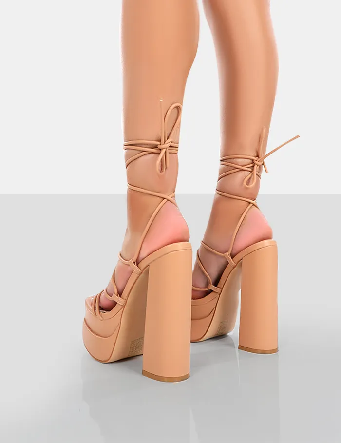 Women Glow Girl Nude Lace Up Platform High Heels Nude Public Desire 6034 Heels
