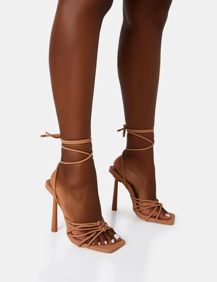 Women Glow Up Wide Fit Nude PU Knoteed Strappy Lace Up Square Toe Stiletto Heels Neutral Public Desire Party Women Glow Up Wide Fit Nude PU Knoteed Strappy Lace Up Square Toe Stiletto Heels Neutral Public Desire Party