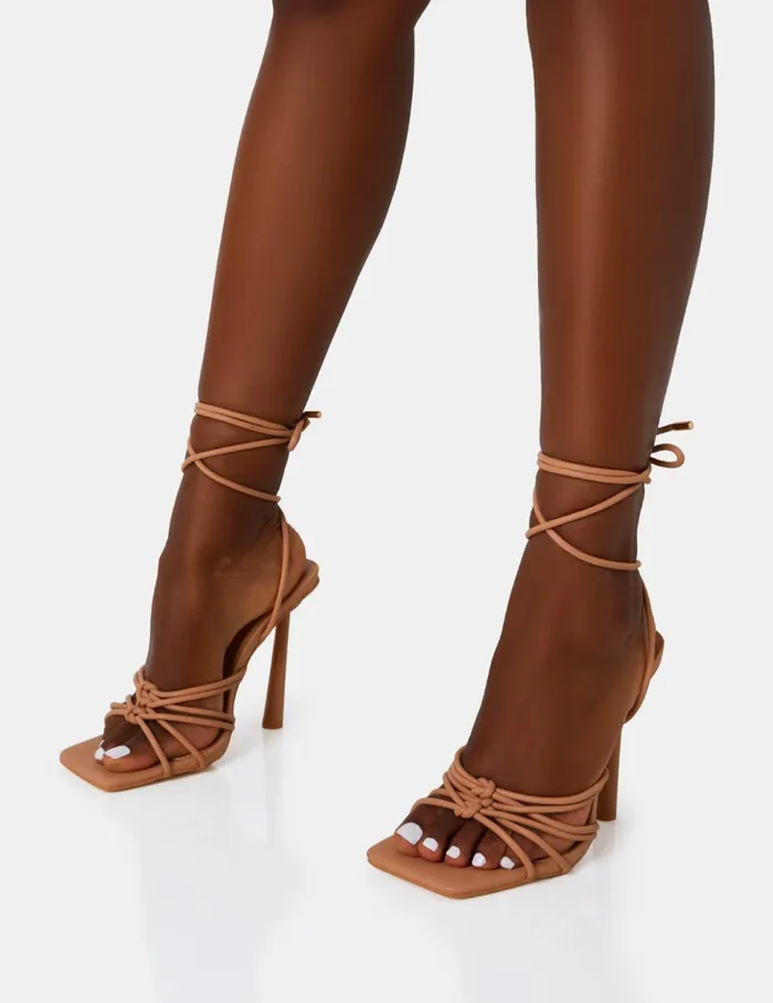 Women Glow Up Wide Fit Nude PU Knoteed Strappy Lace Up Square Toe Stiletto Heels Neutral Public Desire Party